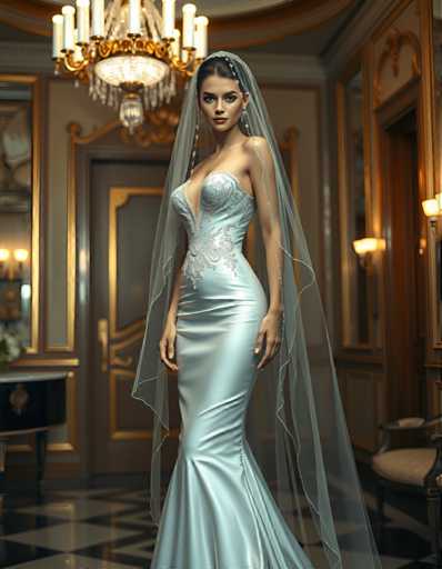 full body shot of a seductive young realistic android woman wearing a mermaid wedding gown and a veil, standing in a art-deco palace room. UHD, 8K, ultra detailed, cinematic, sharp focus, hyper-realistic, beautiful lighting, great composition, high fashion.Steps: 5, Sampler: DPM++ 2M Trailing, Guidance Scale: 1.0, Seed: 2211313814, Size: 896x1152, Model: flux_1_schnell_q8p.ckpt, Strength: 1.0, Seed Mode: Scale Alike, Upscaler: realesrgan_x2plus_f16.ckpt