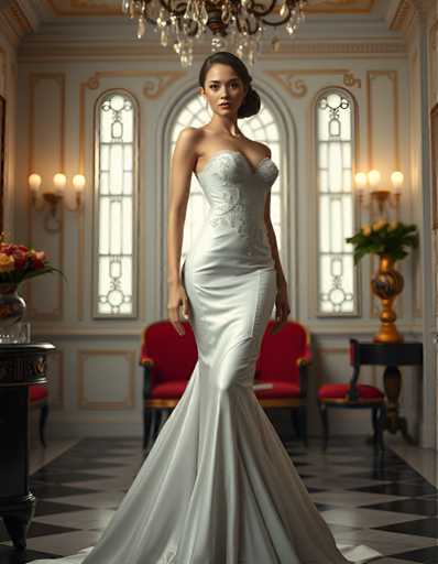 editorial fashion full body shot of a seductive young realistic android woman wearing a Fishtail  wedding gown, standing in a art-deco palace room. UHD, 8K, ultra detailed, cinematic, sharp focus, hyper-realistic, beautiful lighting, great composition, high fashion.Steps: 5, Sampler: DPM++ 2M Trailing, Guidance Scale: 1.0, Seed: 3436020807, Size: 896x1152, Model: flux_1_schnell_q8p.ckpt, Strength: 1.0, Seed Mode: Scale Alike, Upscaler: realesrgan_x2plus_f16.ckpt