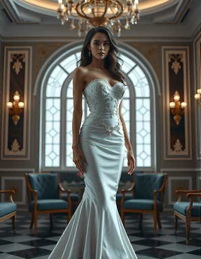 editorial fashion full body shot of a seductive young realistic android woman wearing a Fishtail  wedding gown, standing in a art-deco palace room. UHD, 8K, ultra detailed, cinematic, sharp focus, hyper-realistic, beautiful lighting, great composition, high fashion.Steps: 5, Sampler: DPM++ 2M Trailing, Guidance Scale: 1.0, Seed: 2176553974, Size: 896x1152, Model: flux_1_schnell_q8p.ckpt, Strength: 1.0, Seed Mode: Scale Alike, Upscaler: realesrgan_x2plus_f16.ckpt