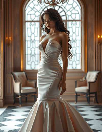 editorial fashion full body shot of a seductive young realistic android woman wearing a Fishtail  wedding gown, standing in a art-deco palace room. UHD, 8K, ultra detailed, cinematic, sharp focus, hyper-realistic, beautiful lighting, great composition, high fashion.Steps: 5, Sampler: DPM++ 2M Trailing, Guidance Scale: 1.0, Seed: 4109244101, Size: 896x1152, Model: flux_1_schnell_q8p.ckpt, Strength: 1.0, Seed Mode: Scale Alike, Upscaler: realesrgan_x2plus_f16.ckpt