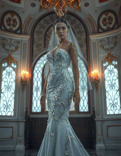 full body shot of a seductive young realistic android woman wearing a mermaid wedding gown and a veil, standing in a art-deco palace room. UHD, 8K, ultra detailed, cinematic, sharp focus, hyper-realistic, beautiful lighting, great composition, high fashion.Steps: 5, Sampler: Euler A Trailing, Guidance Scale: 1.0, Seed: 683136518, Size: 896x1152, Model: flux_1_schnell_q8p.ckpt, Strength: 1.0, Seed Mode: Scale Alike, Upscaler: realesrgan_x2plus_f16.ckpt