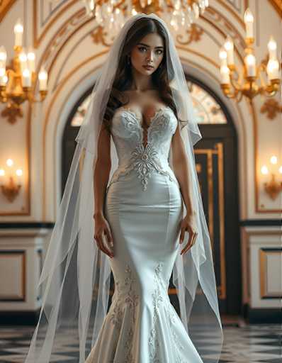 full body shot of a seductive young realistic android woman wearing a mermaid wedding gown and a veil, standing in a art-deco palace room. UHD, 8K, ultra detailed, cinematic, sharp focus, hyper-realistic, beautiful lighting, great composition, high fashion.Steps: 5, Sampler: DPM++ 2M Trailing, Guidance Scale: 1.0, Seed: 357673925, Size: 896x1152, Model: flux_1_schnell_q8p.ckpt, Strength: 1.0, Seed Mode: Scale Alike, Upscaler: realesrgan_x2plus_f16.ckpt