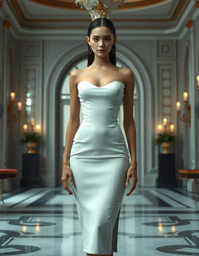 editorial fashion full body shot of a seductive young realistic android woman wearing a Sheath  wedding pencil dress, standing in a modern palace room. UHD, 8K, ultra detailed, cinematic, sharp focus, hyper-realistic, beautiful lighting, great compositionSteps: 5, Sampler: DPM++ 2M Trailing, Guidance Scale: 1.0, Seed: 3037237831, Size: 896x1152, Model: flux_1_schnell_q8p.ckpt, Strength: 1.0, Seed Mode: Scale Alike, Upscaler: realesrgan_x2plus_f16.ckpt