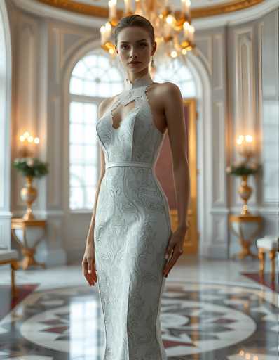 editorial fashion full body shot of Vivy Fluorite as a realistic android wearing a Sheath wedding pencil lace dress, standing in a modern palace room. UHD, 8K, ultra detailed, cinematic, sharp focus, hyper-realistic, beautiful lighting, great composition, high fashion.Steps: 5, Sampler: DPM++ 2M Trailing, Guidance Scale: 1.0, Seed: 1288461618, Size: 896x1152, Model: flux_1_schnell_q8p.ckpt, Strength: 1.0, Seed Mode: Scale Alike, Upscaler: realesrgan_x2plus_f16.ckpt