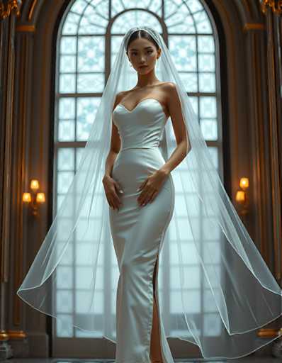 editorial fashion full body shot of a seductive young realistic android woman wearing a Sheath  wedding pencil dress and veil, standing in a modern palace room. UHD, 8K, ultra detailed, cinematic, sharp focus, hyper-realistic, beautiful lighting, great compositionSteps: 5, Sampler: DPM++ 2M Trailing, Guidance Scale: 1.0, Seed: 1654648506, Size: 896x1152, Model: flux_1_schnell_q8p.ckpt, Strength: 1.0, Seed Mode: Scale Alike, Upscaler: realesrgan_x2plus_f16.ckpt