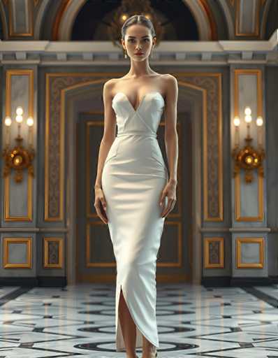 editorial fashion full body shot of a seductive young realistic android woman wearing a Sheath  wedding pencil dress, standing in a modern palace room. UHD, 8K, ultra detailed, cinematic, sharp focus, hyper-realistic, beautiful lighting, great composition, high fashion.Steps: 5, Sampler: DPM++ 2M Trailing, Guidance Scale: 1.0, Seed: 3821515779, Size: 896x1152, Model: flux_1_schnell_q8p.ckpt, Strength: 1.0, Seed Mode: Scale Alike, Upscaler: realesrgan_x2plus_f16.ckpt