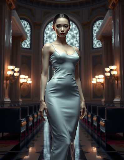 editorial fashion full body shot of a seductive young realistic android woman wearing a Sheath  wedding pencil dress, standing in a modern palace room. UHD, 8K, ultra detailed, cinematic, sharp focus, hyper-realistic, beautiful lighting, great composition, high fashion.Steps: 5, Sampler: DPM++ 2M Trailing, Guidance Scale: 1.0, Seed: 2716503636, Size: 896x1152, Model: flux_1_schnell_q8p.ckpt, Strength: 1.0, Seed Mode: Scale Alike, Upscaler: realesrgan_x2plus_f16.ckpt