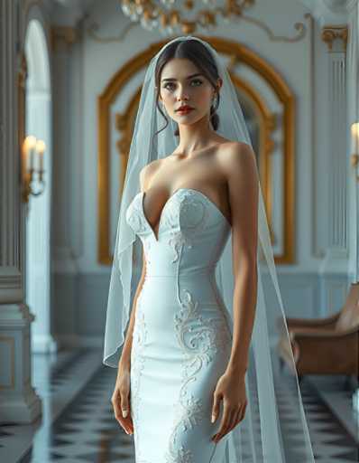 editorial fashion full body shot of a seductive young realistic android woman wearing a Sheath  wedding pencil dress and veil, standing in a modern palace room. UHD, 8K, ultra detailed, cinematic, sharp focus, hyper-realistic, beautiful lighting, great compositionSteps: 5, Sampler: DPM++ 2M Trailing, Guidance Scale: 1.0, Seed: 777309705, Size: 896x1152, Model: flux_1_schnell_q8p.ckpt, Strength: 1.0, Seed Mode: Scale Alike, Upscaler: realesrgan_x2plus_f16.ckpt