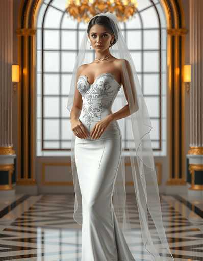 full body shot of a seductive young realistic android woman wearing a Sheath wedding pencil dress and a veil, standing in a modern palace room. UHD, 8K, ultra detailed, cinematic, sharp focus, hyper-realistic, beautiful lighting, great composition, high fashionSteps: 5, Sampler: DPM++ 2M Trailing, Guidance Scale: 1.0, Seed: 898837410, Size: 896x1152, Model: flux_1_schnell_q8p.ckpt, Strength: 1.0, Seed Mode: Scale Alike, Upscaler: realesrgan_x2plus_f16.ckpt