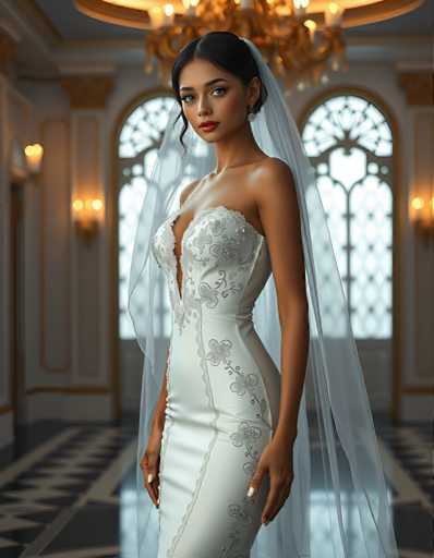 full body shot of a seductive young realistic android woman wearing a Sheath wedding pencil dress and a veil, standing in a modern palace room. UHD, 8K, ultra detailed, cinematic, sharp focus, hyper-realistic, beautiful lighting, great composition, high fashionSteps: 5, Sampler: DPM++ 2M Trailing, Guidance Scale: 1.0, Seed: 1276066289, Size: 896x1152, Model: flux_1_schnell_q8p.ckpt, Strength: 1.0, Seed Mode: Scale Alike, Upscaler: realesrgan_x2plus_f16.ckpt