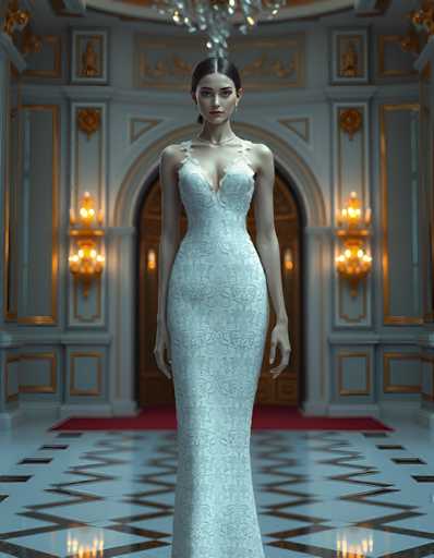 editorial fashion full body shot of Vivy Fluorite as a realistic android wearing a Sheath wedding pencil lace dress, standing in a modern palace room. UHD, 8K, ultra detailed, cinematic, sharp focus, hyper-realistic, beautiful lighting, great composition, high fashion.Steps: 5, Sampler: DPM++ 2M Trailing, Guidance Scale: 1.0, Seed: 1748807095, Size: 896x1152, Model: flux_1_schnell_q8p.ckpt, Strength: 1.0, Seed Mode: Scale Alike, Upscaler: realesrgan_x2plus_f16.ckpt