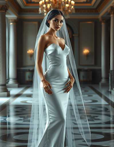 full body shot of a seductive young realistic android woman wearing a Sheath wedding pencil dress and a veil, standing in a modern palace room. UHD, 8K, ultra detailed, cinematic, sharp focus, hyper-realistic, beautiful lighting, great composition, high fashionSteps: 5, Sampler: DPM++ 2M Trailing, Guidance Scale: 1.0, Seed: 564408850, Size: 896x1152, Model: flux_1_schnell_q8p.ckpt, Strength: 1.0, Seed Mode: Scale Alike, Upscaler: realesrgan_x2plus_f16.ckpt