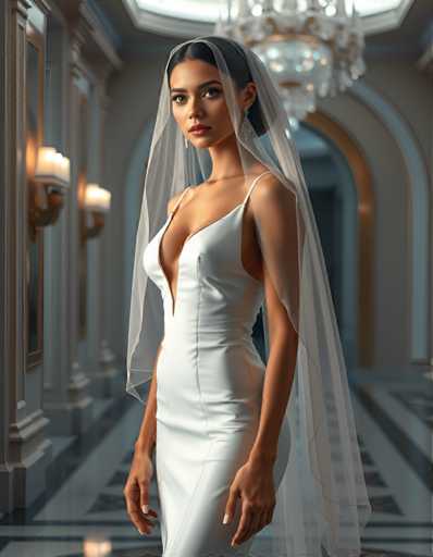 full body shot of a seductive young realistic android woman wearing a Sheath wedding pencil dress and a veil, standing in a modern palace room. UHD, 8K, ultra detailed, cinematic, sharp focus, hyper-realistic, beautiful lighting, great composition, high fashionSteps: 5, Sampler: DPM++ 2M Trailing, Guidance Scale: 1.0, Seed: 3008713907, Size: 896x1152, Model: flux_1_schnell_q8p.ckpt, Strength: 1.0, Seed Mode: Scale Alike, Upscaler: realesrgan_x2plus_f16.ckpt