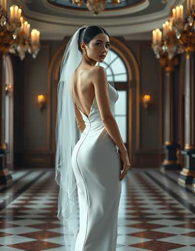 editorial fashion full body shot of a seductive young realistic android woman wearing a Sheath  wedding pencil dress and veil, standing in a modern palace room. UHD, 8K, ultra detailed, cinematic, sharp focus, hyper-realistic, beautiful lighting, great compositionSteps: 5, Sampler: DPM++ 2M Trailing, Guidance Scale: 1.0, Seed: 2040257669, Size: 896x1152, Model: flux_1_schnell_q8p.ckpt, Strength: 1.0, Seed Mode: Scale Alike, Upscaler: realesrgan_x2plus_f16.ckpt