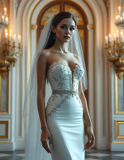 full body shot of a seductive young realistic android woman wearing a Sheath wedding pencil dress and a veil, standing in a modern palace room. UHD, 8K, ultra detailed, cinematic, sharp focus, hyper-realistic, beautiful lighting, great composition, high fashionSteps: 5, Sampler: DPM++ 2M Trailing, Guidance Scale: 1.0, Seed: 3085465022, Size: 896x1152, Model: flux_1_schnell_q8p.ckpt, Strength: 1.0, Seed Mode: Scale Alike, Upscaler: realesrgan_x2plus_f16.ckpt