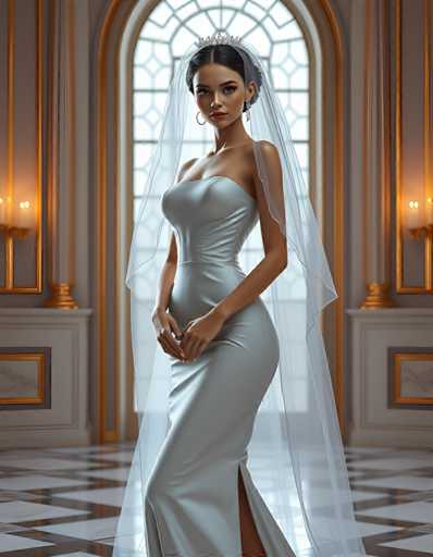 editorial fashion full body shot of a seductive young realistic android woman wearing a Sheath  wedding pencil dress and veil, standing in a modern palace room. UHD, 8K, ultra detailed, cinematic, sharp focus, hyper-realistic, beautiful lighting, great compositionSteps: 5, Sampler: DPM++ 2M Trailing, Guidance Scale: 1.0, Seed: 1159925155, Size: 896x1152, Model: flux_1_schnell_q8p.ckpt, Strength: 1.0, Seed Mode: Scale Alike, Upscaler: realesrgan_x2plus_f16.ckpt