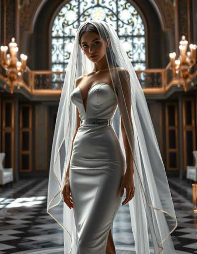 editorial fashion full body shot of a seductive young realistic android woman wearing a Sheath  wedding pencil dress and veil, standing in a modern palace room. UHD, 8K, ultra detailed, cinematic, sharp focus, hyper-realistic, beautiful lighting, great compositionSteps: 5, Sampler: DPM++ 2M Trailing, Guidance Scale: 1.0, Seed: 1985266398, Size: 896x1152, Model: flux_1_schnell_q8p.ckpt, Strength: 1.0, Seed Mode: Scale Alike, Upscaler: realesrgan_x2plus_f16.ckpt