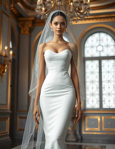 editorial fashion full body shot of a seductive young realistic android woman wearing a Sheath  wedding pencil dress and veil, standing in a modern palace room. UHD, 8K, ultra detailed, cinematic, sharp focus, hyper-realistic, beautiful lighting, great compositionSteps: 5, Sampler: DPM++ 2M Trailing, Guidance Scale: 1.0, Seed: 803327737, Size: 896x1152, Model: flux_1_schnell_q8p.ckpt, Strength: 1.0, Seed Mode: Scale Alike, Upscaler: realesrgan_x2plus_f16.ckpt