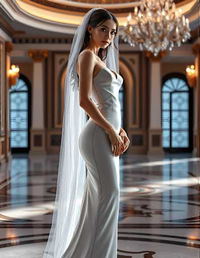 full body shot of a seductive young realistic android woman wearing a Sheath wedding pencil dress and a veil, standing in a modern palace room. UHD, 8K, ultra detailed, cinematic, sharp focus, hyper-realistic, beautiful lighting, great composition, high fashionSteps: 5, Sampler: DPM++ 2M Trailing, Guidance Scale: 1.0, Seed: 2460142385, Size: 896x1152, Model: flux_1_schnell_q8p.ckpt, Strength: 1.0, Seed Mode: Scale Alike, Upscaler: realesrgan_x2plus_f16.ckpt