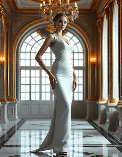 editorial fashion full body shot of a seductive young realistic android woman wearing a Sheath  wedding pencil dress, standing in a modern palace room. UHD, 8K, ultra detailed, cinematic, sharp focus, hyper-realistic, beautiful lighting, great compositionSteps: 5, Sampler: DPM++ 2M Trailing, Guidance Scale: 1.0, Seed: 3003533145, Size: 896x1152, Model: flux_1_schnell_q8p.ckpt, Strength: 1.0, Seed Mode: Scale Alike, Upscaler: realesrgan_x2plus_f16.ckpt