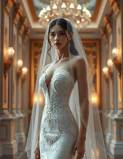 full body shot of a seductive young realistic android woman wearing a Sheath wedding pencil dress and a veil, standing in a modern palace room. UHD, 8K, ultra detailed, cinematic, sharp focus, hyper-realistic, beautiful lighting, great composition, high fashionSteps: 5, Sampler: DPM++ 2M Trailing, Guidance Scale: 1.0, Seed: 3044267850, Size: 896x1152, Model: flux_1_schnell_q8p.ckpt, Strength: 1.0, Seed Mode: Scale Alike, Upscaler: realesrgan_x2plus_f16.ckpt