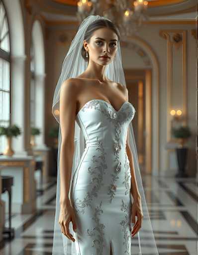 editorial fashion full body shot of a seductive young realistic android woman wearing a Sheath  wedding pencil dress and veil, standing in a modern palace room. UHD, 8K, ultra detailed, cinematic, sharp focus, hyper-realistic, beautiful lighting, great compositionSteps: 5, Sampler: DPM++ 2M Trailing, Guidance Scale: 1.0, Seed: 3521272102, Size: 896x1152, Model: flux_1_schnell_q8p.ckpt, Strength: 1.0, Seed Mode: Scale Alike, Upscaler: realesrgan_x2plus_f16.ckpt