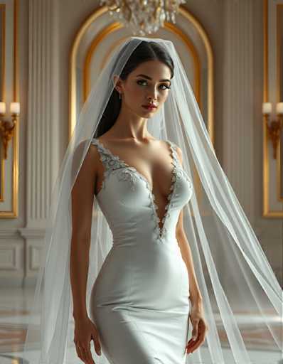 full body shot of a seductive young realistic android woman wearing a Sheath wedding pencil dress and a veil, standing in a modern palace room. UHD, 8K, ultra detailed, cinematic, sharp focus, hyper-realistic, beautiful lighting, great composition, high fashionSteps: 5, Sampler: DPM++ 2M Trailing, Guidance Scale: 1.0, Seed: 1929441777, Size: 896x1152, Model: flux_1_schnell_q8p.ckpt, Strength: 1.0, Seed Mode: Scale Alike, Upscaler: realesrgan_x2plus_f16.ckpt