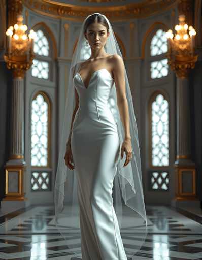 full body shot of a seductive young realistic android woman wearing a Sheath wedding pencil dress and a veil, standing in a modern palace room. UHD, 8K, ultra detailed, cinematic, sharp focus, hyper-realistic, beautiful lighting, great composition, high fashionSteps: 5, Sampler: DPM++ 2M Trailing, Guidance Scale: 1.0, Seed: 198967308, Size: 896x1152, Model: flux_1_schnell_q8p.ckpt, Strength: 1.0, Seed Mode: Scale Alike, Upscaler: realesrgan_x2plus_f16.ckpt