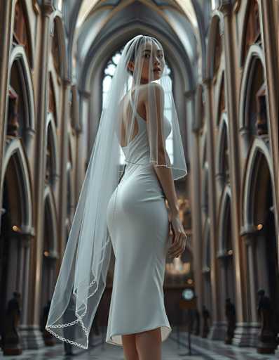 editorial fashion full body shot of a seductive young realistic android woman wearing a short tea length wedding dress and veil, standing in a cathedral. UHD, 8K, ultra detailed, cinematic, sharp focus, hyper-realistic, beautiful lighting, great compositionSteps: 5, Sampler: DPM++ 2M Trailing, Guidance Scale: 1.0, Seed: 2801697148, Size: 896x1152, Model: flux_1_schnell_q8p.ckpt, Strength: 1.0, Seed Mode: Scale Alike, Upscaler: realesrgan_x2plus_f16.ckpt