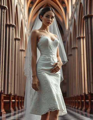 editorial fashion full body shot of a seductive young realistic android woman wearing a short tea length wedding dress and veil, standing in a cathedral. UHD, 8K, ultra detailed, cinematic, sharp focus, hyper-realistic, beautiful lighting, great compositionSteps: 5, Sampler: DPM++ 2M Trailing, Guidance Scale: 1.0, Seed: 2901833876, Size: 896x1152, Model: flux_1_schnell_q8p.ckpt, Strength: 1.0, Seed Mode: Scale Alike, Upscaler: realesrgan_x2plus_f16.ckpt