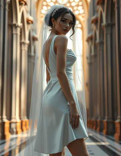 editorial fashion full body shot of a seductive young realistic android woman wearing a short tea length wedding dress and veil, standing in a cathedral. UHD, 8K, ultra detailed, cinematic, sharp focus, hyper-realistic, beautiful lighting, great compositionSteps: 5, Sampler: DPM++ 2M Trailing, Guidance Scale: 1.0, Seed: 528344486, Size: 896x1152, Model: flux_1_schnell_q8p.ckpt, Strength: 1.0, Seed Mode: Scale Alike, Upscaler: realesrgan_x2plus_f16.ckpt