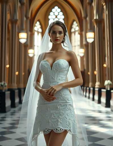 editorial fashion full body shot of a seductive young realistic android woman wearing a short tea length wedding dress and veil, standing in a cathedral. UHD, 8K, ultra detailed, cinematic, sharp focus, hyper-realistic, beautiful lighting, great compositionSteps: 5, Sampler: DPM++ 2M Trailing, Guidance Scale: 1.0, Seed: 2531379094, Size: 896x1152, Model: flux_1_schnell_q8p.ckpt, Strength: 1.0, Seed Mode: Scale Alike, Upscaler: realesrgan_x2plus_f16.ckpt