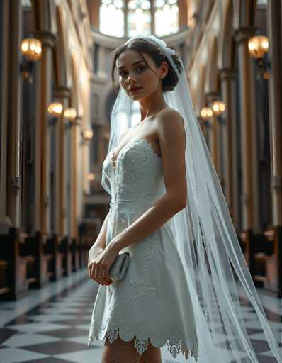 editorial fashion full body shot of a seductive young realistic android woman wearing a short tea length wedding dress and veil, standing in a cathedral. UHD, 8K, ultra detailed, cinematic, sharp focus, hyper-realistic, beautiful lighting, great compositionSteps: 5, Sampler: DPM++ 2M Trailing, Guidance Scale: 1.0, Seed: 2777704152, Size: 896x1152, Model: flux_1_schnell_q8p.ckpt, Strength: 1.0, Seed Mode: Scale Alike, Upscaler: realesrgan_x2plus_f16.ckpt