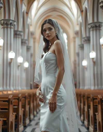 editorial fashion full body shot of a seductive young realistic android woman wearing a short tea length wedding dress and veil, standing in a cathedral. UHD, 8K, ultra detailed, cinematic, sharp focus, hyper-realistic, beautiful lighting, great compositionSteps: 5, Sampler: DPM++ 2M Trailing, Guidance Scale: 1.0, Seed: 3712977110, Size: 896x1152, Model: flux_1_schnell_q8p.ckpt, Strength: 1.0, Seed Mode: Scale Alike, Upscaler: realesrgan_x2plus_f16.ckpt