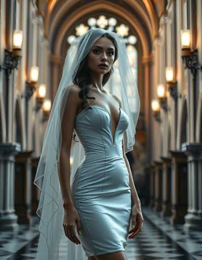 editorial fashion full body shot of a seductive young realistic android woman wearing a short tea length wedding dress and veil, standing in a cathedral. UHD, 8K, ultra detailed, cinematic, sharp focus, hyper-realistic, beautiful lighting, great compositionSteps: 5, Sampler: DPM++ 2M Trailing, Guidance Scale: 1.0, Seed: 2351409611, Size: 896x1152, Model: flux_1_schnell_q8p.ckpt, Strength: 1.0, Seed Mode: Scale Alike, Upscaler: realesrgan_x2plus_f16.ckpt