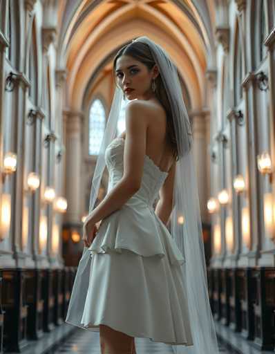 editorial fashion full body shot of a seductive young realistic android woman wearing a short tea length wedding dress and veil, standing in a cathedral. UHD, 8K, ultra detailed, cinematic, sharp focus, hyper-realistic, beautiful lighting, great compositionSteps: 5, Sampler: DPM++ 2M Trailing, Guidance Scale: 1.0, Seed: 2308077713, Size: 896x1152, Model: flux_1_schnell_q8p.ckpt, Strength: 1.0, Seed Mode: Scale Alike, Upscaler: realesrgan_x2plus_f16.ckpt