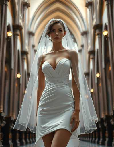 editorial fashion full body shot of a seductive young realistic android woman wearing a short tea length wedding dress and veil, standing in a cathedral. UHD, 8K, ultra detailed, cinematic, sharp focus, hyper-realistic, beautiful lighting, great compositionSteps: 5, Sampler: DPM++ 2M Trailing, Guidance Scale: 1.0, Seed: 2600040964, Size: 896x1152, Model: flux_1_schnell_q8p.ckpt, Strength: 1.0, Seed Mode: Scale Alike, Upscaler: realesrgan_x2plus_f16.ckpt