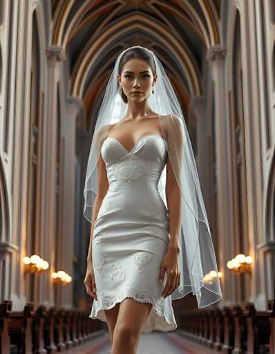 editorial fashion full body shot of a seductive young realistic android woman wearing a short tea length wedding dress and veil, standing in a cathedral. UHD, 8K, ultra detailed, cinematic, sharp focus, hyper-realistic, beautiful lighting, great compositionSteps: 5, Sampler: DPM++ 2M Trailing, Guidance Scale: 1.0, Seed: 3989431360, Size: 896x1152, Model: flux_1_schnell_q8p.ckpt, Strength: 1.0, Seed Mode: Scale Alike, Upscaler: realesrgan_x2plus_f16.ckpt