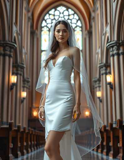 editorial fashion full body shot of a seductive young realistic android woman wearing a short tea length wedding dress and veil, standing in a cathedral. UHD, 8K, ultra detailed, cinematic, sharp focus, hyper-realistic, beautiful lighting, great compositionSteps: 5, Sampler: DPM++ 2M Trailing, Guidance Scale: 1.0, Seed: 1560353444, Size: 896x1152, Model: flux_1_schnell_q8p.ckpt, Strength: 1.0, Seed Mode: Scale Alike, Upscaler: realesrgan_x2plus_f16.ckpt