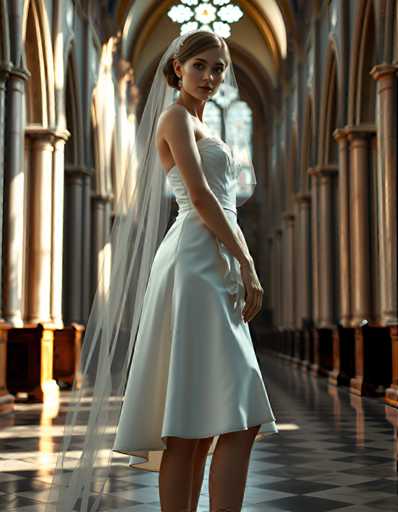 editorial fashion full body shot of a seductive young realistic android woman wearing a short tea length wedding dress and veil, standing in a cathedral. UHD, 8K, ultra detailed, cinematic, sharp focus, hyper-realistic, beautiful lighting, great compositionSteps: 5, Sampler: DPM++ 2M Trailing, Guidance Scale: 1.0, Seed: 1150815970, Size: 896x1152, Model: flux_1_schnell_q8p.ckpt, Strength: 1.0, Seed Mode: Scale Alike, Upscaler: realesrgan_x2plus_f16.ckpt