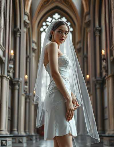 editorial fashion full body shot of a seductive young realistic android woman wearing a short tea length wedding dress and veil, standing in a cathedral. UHD, 8K, ultra detailed, cinematic, sharp focus, hyper-realistic, beautiful lighting, great compositionSteps: 5, Sampler: DPM++ 2M Trailing, Guidance Scale: 1.0, Seed: 1819886463, Size: 896x1152, Model: flux_1_schnell_q8p.ckpt, Strength: 1.0, Seed Mode: Scale Alike, Upscaler: realesrgan_x2plus_f16.ckpt