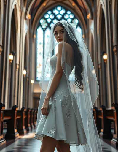 editorial fashion full body shot of a seductive young realistic android woman wearing a short tea length wedding dress and veil, standing in a cathedral. UHD, 8K, ultra detailed, cinematic, sharp focus, hyper-realistic, beautiful lighting, great compositionSteps: 5, Sampler: DPM++ 2M Trailing, Guidance Scale: 1.0, Seed: 3334909940, Size: 896x1152, Model: flux_1_schnell_q8p.ckpt, Strength: 1.0, Seed Mode: Scale Alike, Upscaler: realesrgan_x2plus_f16.ckpt