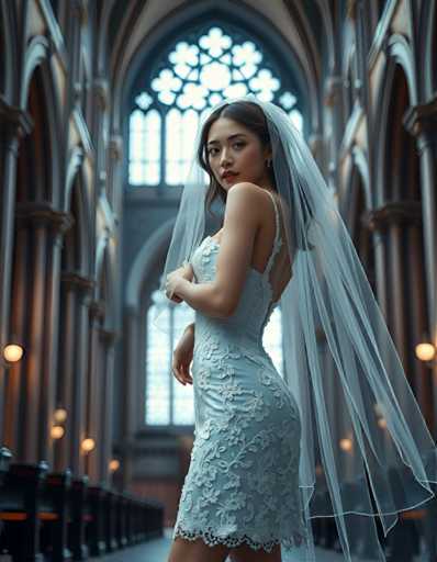 editorial fashion full body shot of a seductive young realistic android woman wearing a short tea length wedding dress and veil, standing in a cathedral. UHD, 8K, ultra detailed, cinematic, sharp focus, hyper-realistic, beautiful lighting, great compositionSteps: 5, Sampler: DPM++ 2M Trailing, Guidance Scale: 1.0, Seed: 1534816314, Size: 896x1152, Model: flux_1_schnell_q8p.ckpt, Strength: 1.0, Seed Mode: Scale Alike, Upscaler: realesrgan_x2plus_f16.ckpt