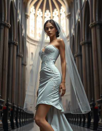 editorial fashion full body shot of a seductive young realistic android woman wearing a short tea length wedding dress and veil, standing in a cathedral. UHD, 8K, ultra detailed, cinematic, sharp focus, hyper-realistic, beautiful lighting, great compositionSteps: 5, Sampler: DPM++ 2M Trailing, Guidance Scale: 1.0, Seed: 3672636418, Size: 896x1152, Model: flux_1_schnell_q8p.ckpt, Strength: 1.0, Seed Mode: Scale Alike, Upscaler: realesrgan_x2plus_f16.ckpt