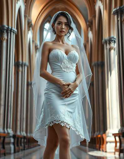 editorial fashion full body shot of a seductive young realistic android woman wearing a short tea length wedding dress and veil, standing in a cathedral. UHD, 8K, ultra detailed, cinematic, sharp focus, hyper-realistic, beautiful lighting, great compositionSteps: 5, Sampler: DPM++ 2M Trailing, Guidance Scale: 1.0, Seed: 601038018, Size: 896x1152, Model: flux_1_schnell_q8p.ckpt, Strength: 1.0, Seed Mode: Scale Alike, Upscaler: realesrgan_x2plus_f16.ckpt