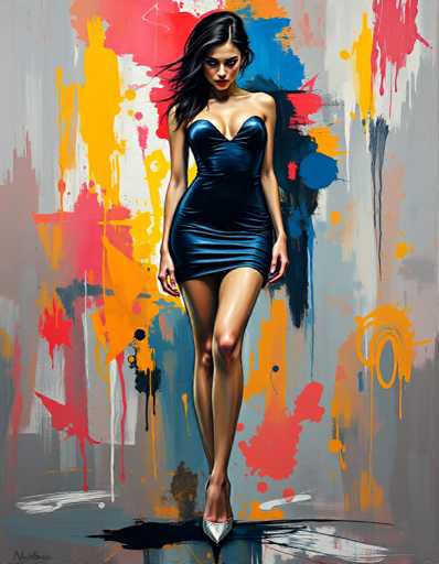 The image depicts a woman wearing a blue dress and high heels standing against a colorful abstract wall with splatters of red, yellow, and orange paint. The background is white, providing contrast to the vibrant colors of the painting.