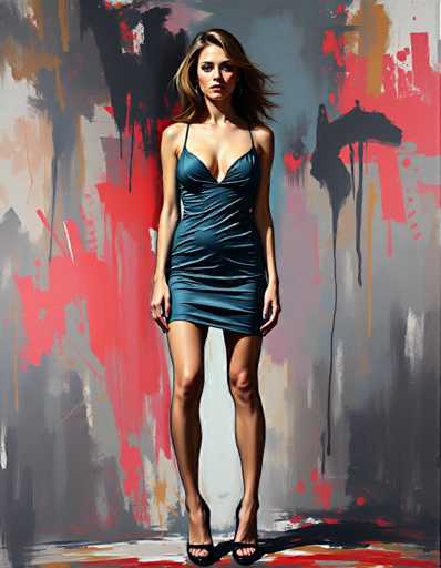 A woman is standing against a backdrop featuring abstract art with splashes of red and black colors. She is wearing a blue dress that contrasts with the vibrant background. The woman's pose suggests she is posing for the photo.