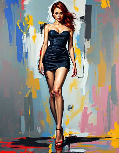 A woman is standing on a gray floor with her legs crossed and wearing a black dress that reaches down to her knees. She has red heels and is facing the camera directly. The background features a colorful abstract painting in shades of blue, yellow, pink, and white.