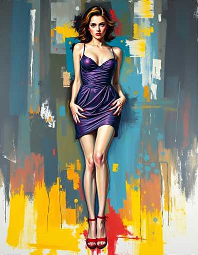 A woman is standing against a colorful abstract background with her legs crossed and hands on her hips. She is wearing a purple dress that contrasts with the vibrant colors of the painting behind her. The painting features splashes of yellow, blue, red, and white, creating an energetic and dynamic scene.