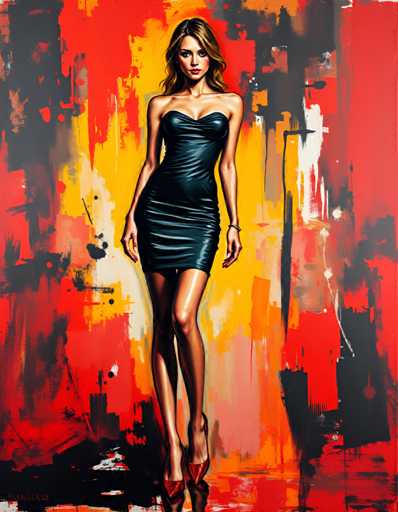 The image depicts a woman wearing a black strapless dress and red heels standing against an abstract background of orange and black splatters.